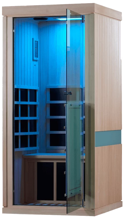 Evolve 10 1 person sauna w blue chromotherapy lighting on