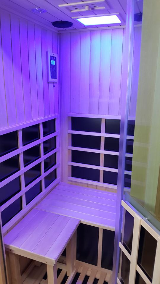 Evolve 10 1 person sauna with Chromotherapy turned on