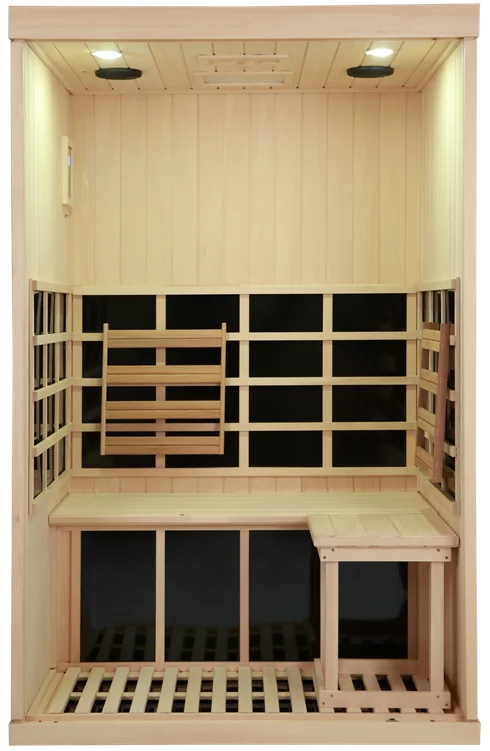 Open inside front view of infrared sauna showing placement of all heater panels.