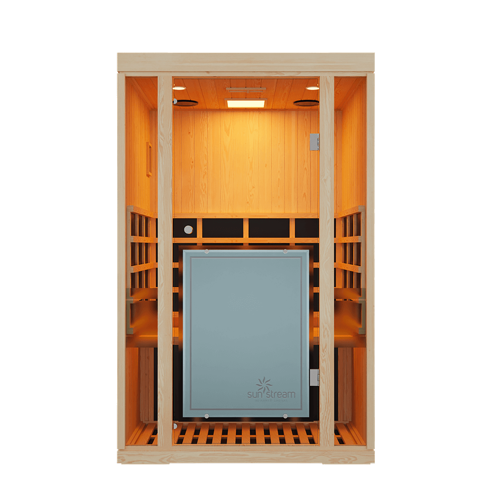2 person infrared sauna front view with LED lighting