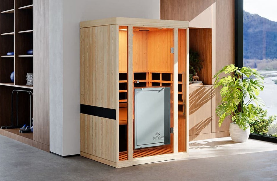Contempory 2 person infrared sauna in modern home gymnasium