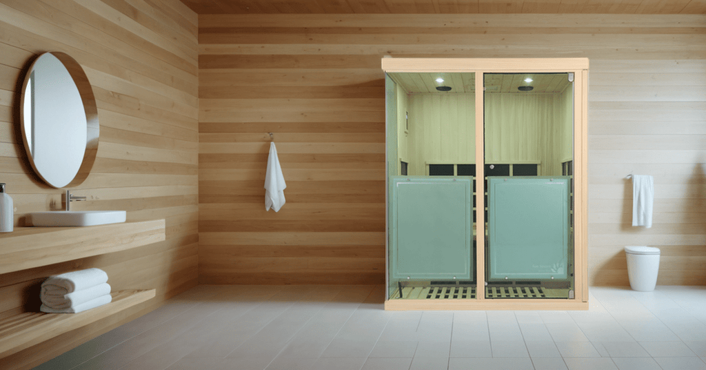 Wide view of 3 person infrared sauna in modern bathroom
