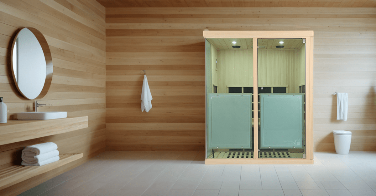 Wide view of 3 person infrared sauna in modern bathroom