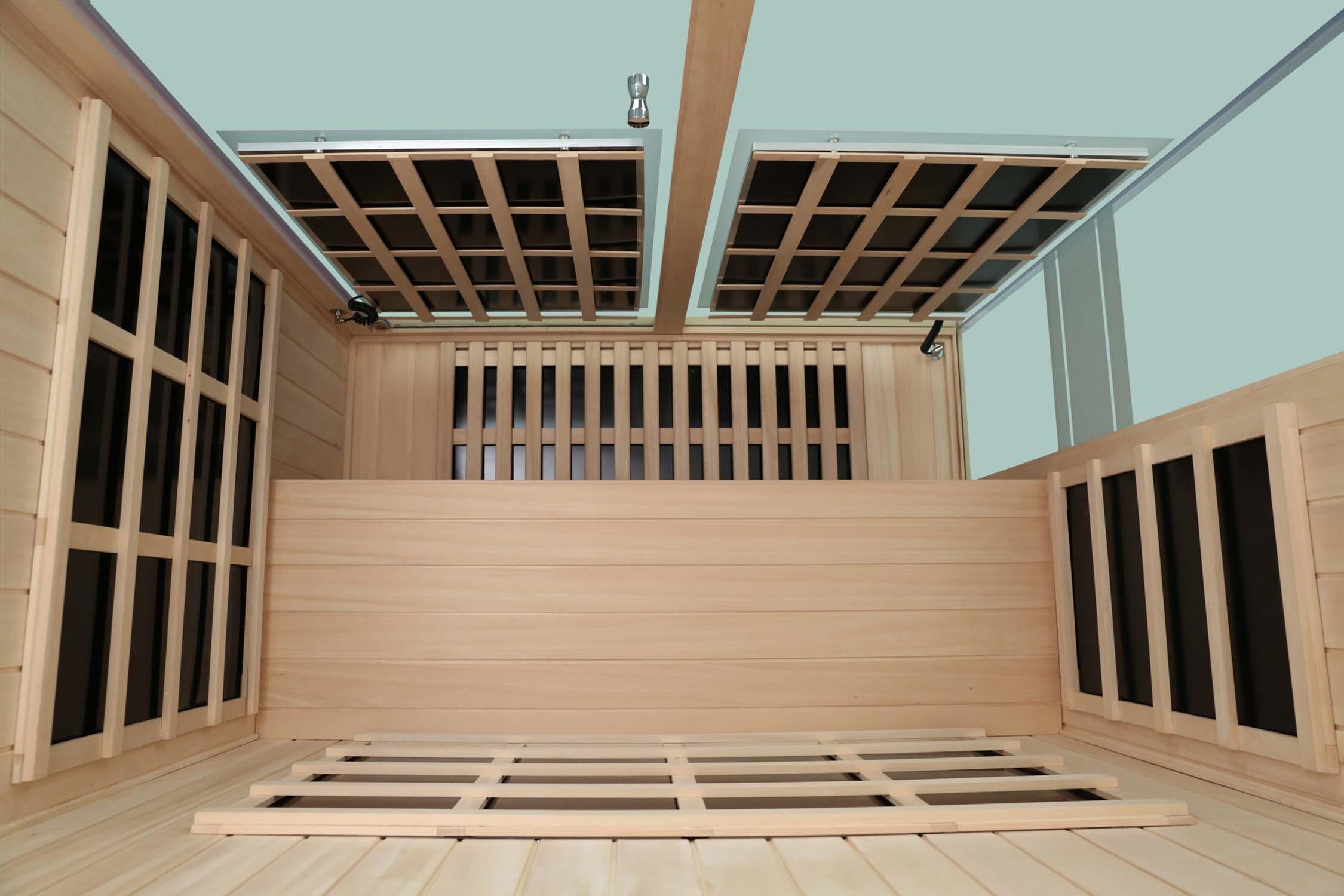 Inside view from above of Evolve 30 3 person infrared sauna open