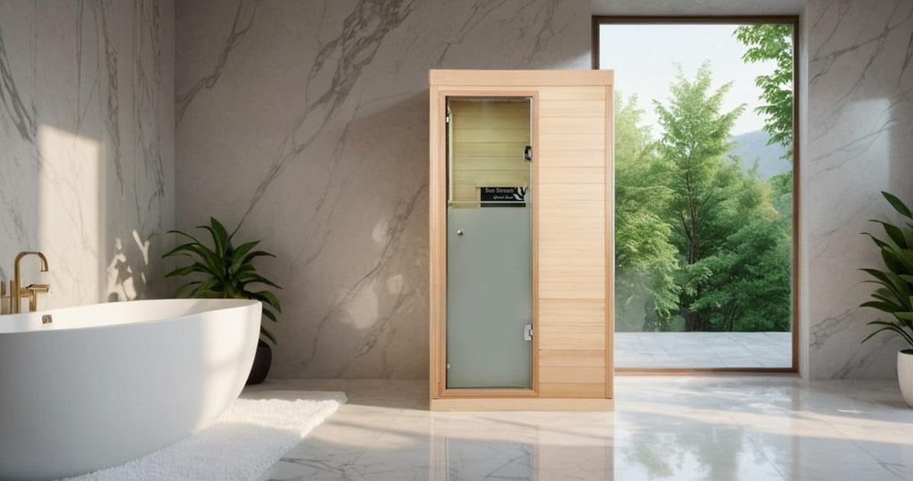 Smallest infrared sauna on the market for people with little space to put an infrared sauna shown in a modern bathroom
