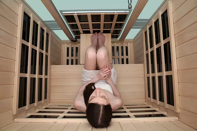 Inside view from above of 2 person infrared sauna with 360° placement of heater panels