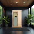 Oustide view of Modern smallest infrared sauna on the market for peopel with little space to put an infrared sauna.