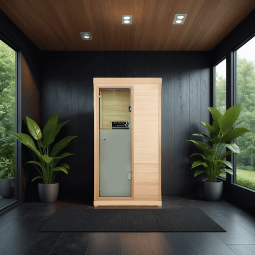 Oustide view of Modern smallest infrared sauna on the market for peopel with little space to put an infrared sauna.