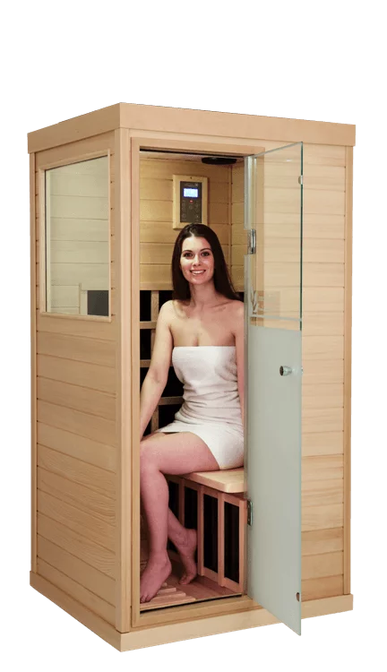 Outside view showing occupant of Mini Small 1 person infrared sauna