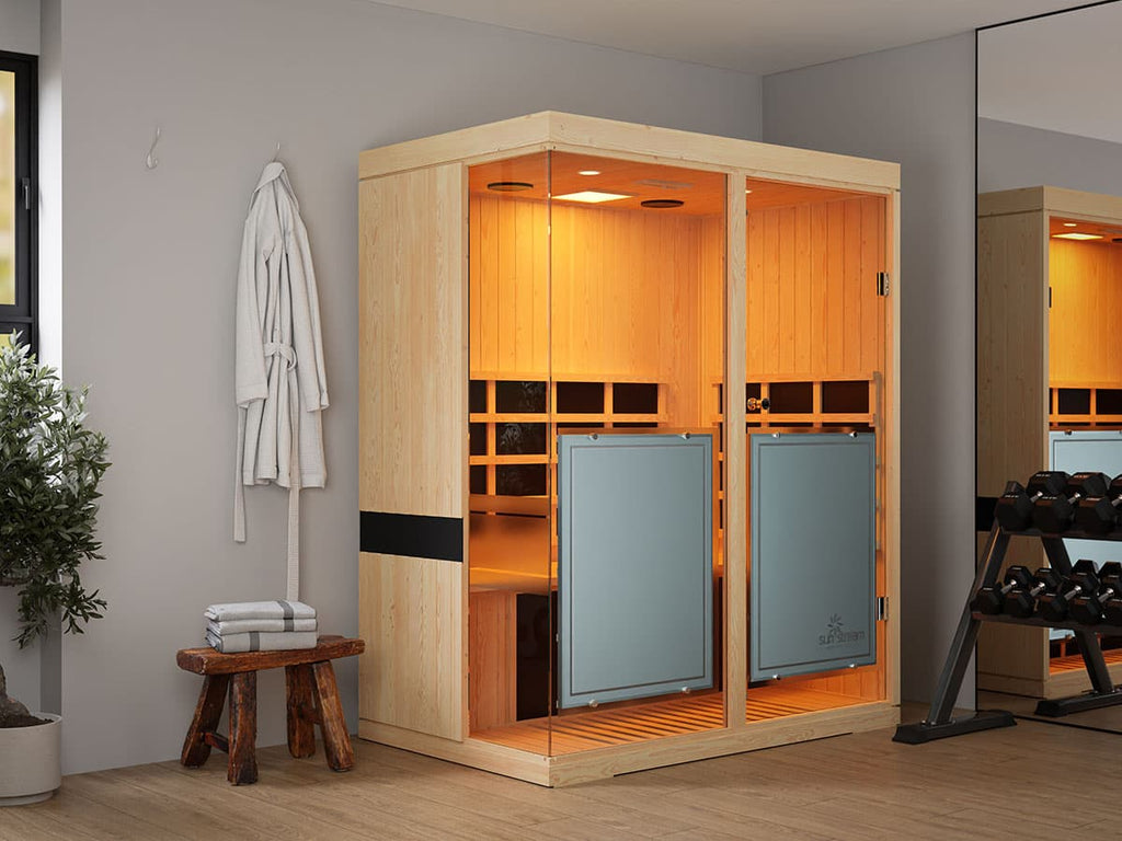 3 person infrared sauna in modern home gymnasium